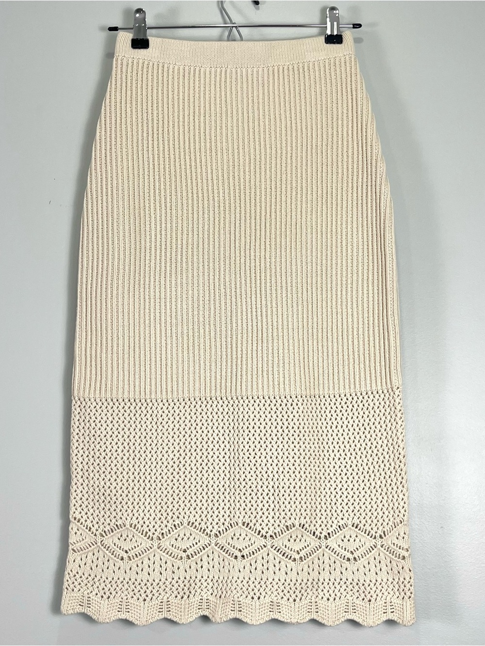 HOUSE OF HARLOW 1960 Ivory Knit Midi Straight Skiirt Crochet Scalloped Hem XS